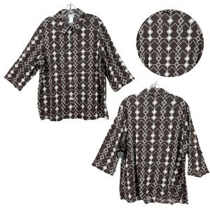 Vicki Wayne Button Up 3/4 Sleeve Geometric Print Tunic Cotton Brown Size PXL NWT